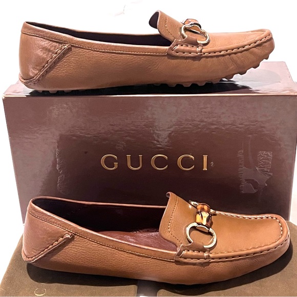 Authentic Gucci Leather Driving Shoes Loafers with Bamboo Horsebit Size 39 Tan - Picture 3 of 17
